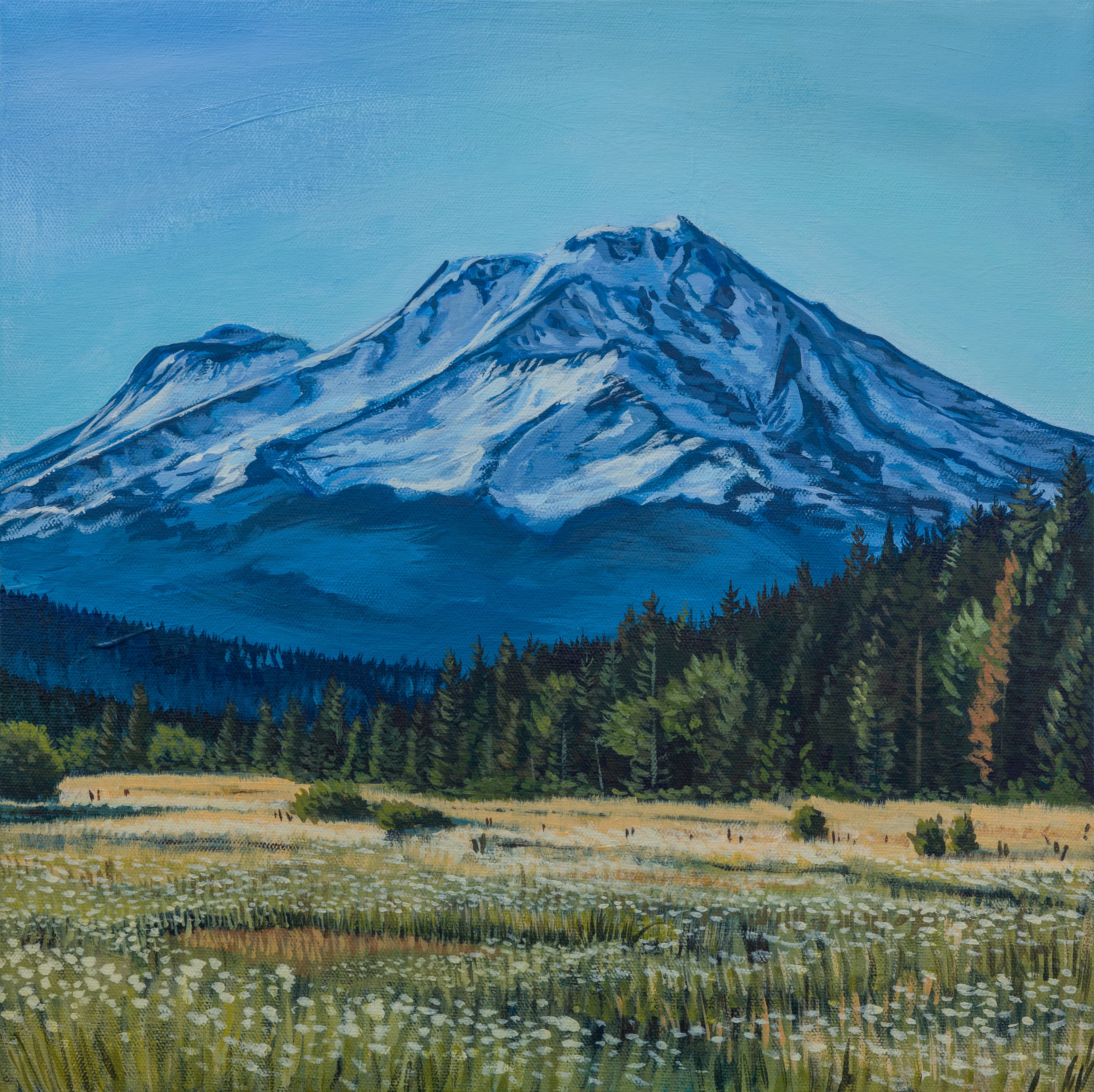 Painting of a snow-capped mountain with a forest and field in the foreground